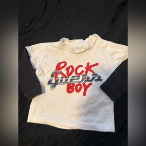 GUESS White Tee with Black Sleeves and Red/Silver Graphic